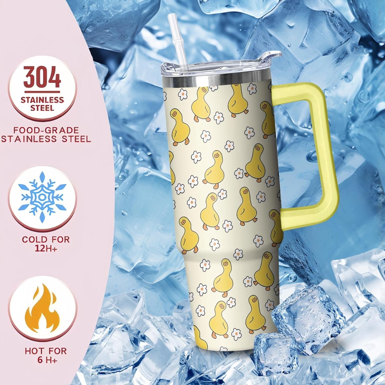 30 oz Duck Tumbler with Handle and Straw, Insulated Stainless Steel Cup with Lid, Travel Coffee Mug Water Bottle, Gifts for Woman Animal Lovers