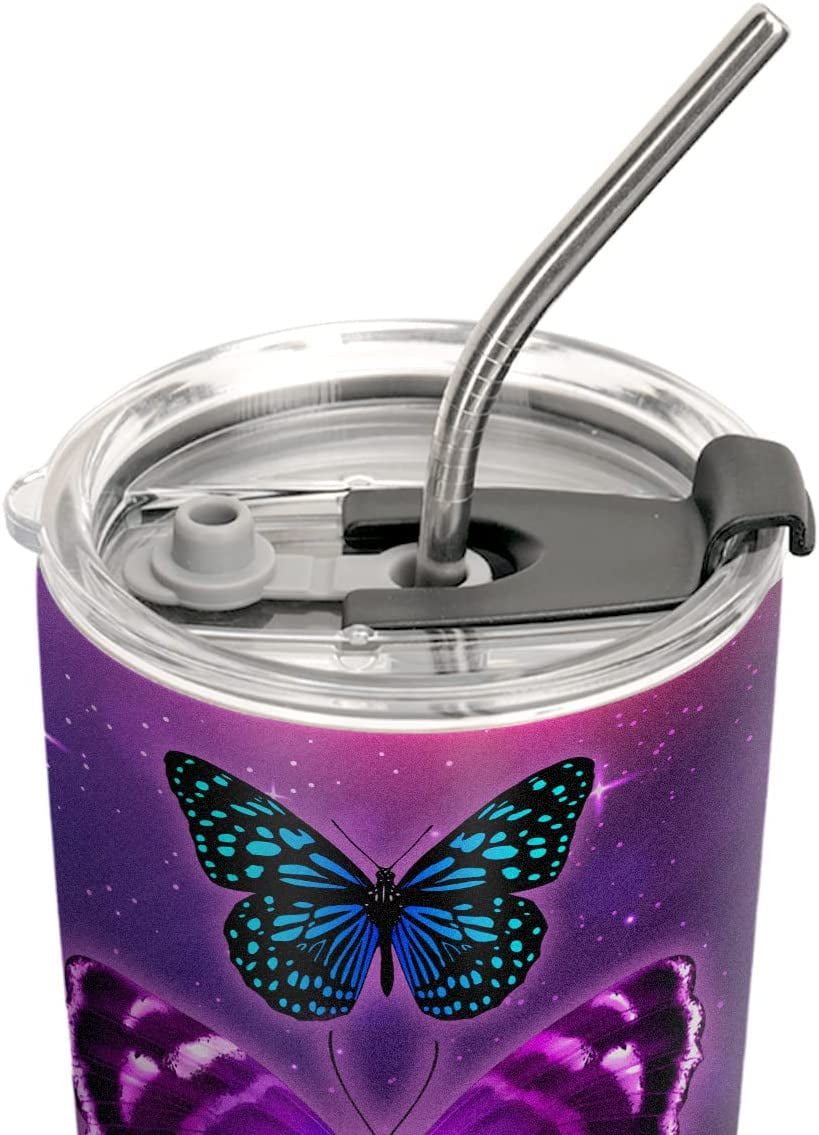 20oz Butterfly Gifts for Women, Memorial Gifts for Women, Coffee Thermos, Coffee Gifts For Women, Inspirational Faith Purple Butterfly Tumbler Cup, Insulated Travel Coffee Mug with Lid